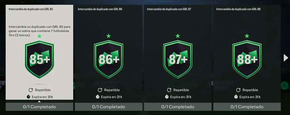 Apartado Intercambios del menú de SBCs de EA Sports FC 24 Ultimate Team mostrando a cuatro de ellos (todos menos el de 89)