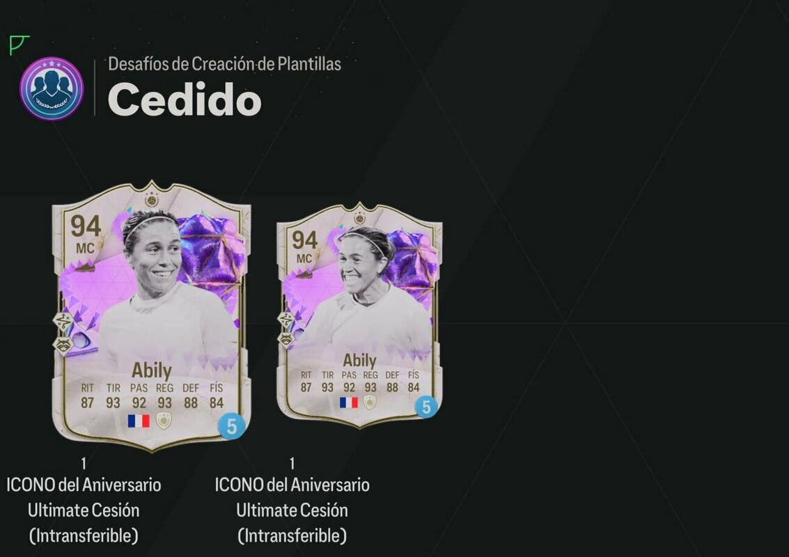 Recomensas de la tercer plantilla de Abily Icono del Aniversario Ultimate mostrando las versiones cedidas EA Sports FC 24 Ultimate Team