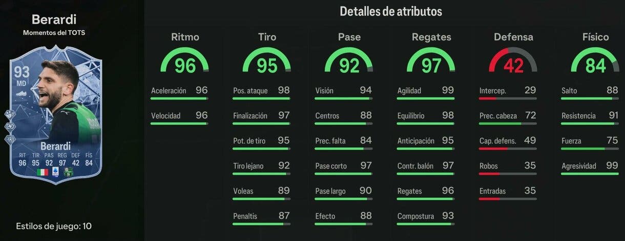 Stats in game Berardi TOTS Moments EA Sports FC 24 Ultimate Team