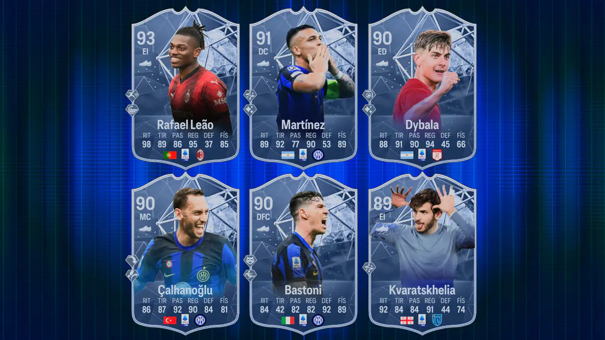 Diseño con mejores cartas (en conceptuales) en EA Sports FC 24 Ultimate Team de Rafael Leao, Lautaro Martínez, Dybala, Çalhanoglu, Bastoni y Kvaratskhelia