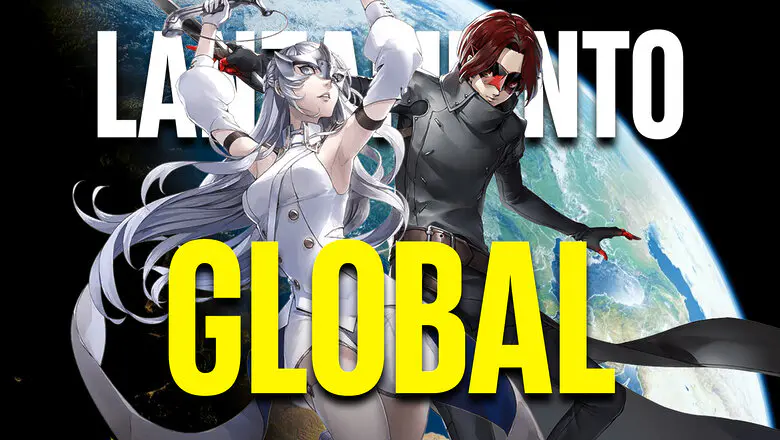 Imagen de dos personajes de Persona 5 The Phantom X junto al texto Lanzamiento Global y una imagen del planeta Tierra de fondo