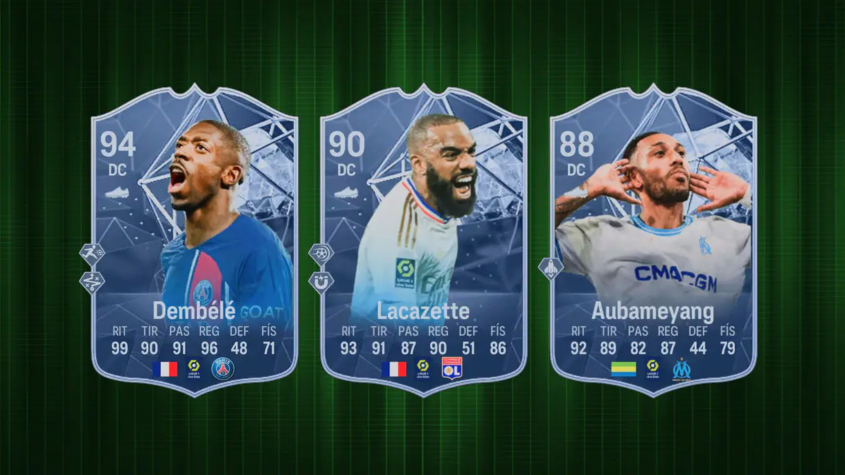 Diseño con las cartas Dembélé Fantasy FC, Lacazette Fantasy FC y Aubameyang POTM de la Ligue 1 de EA Sports FC 24 Ultimate Team