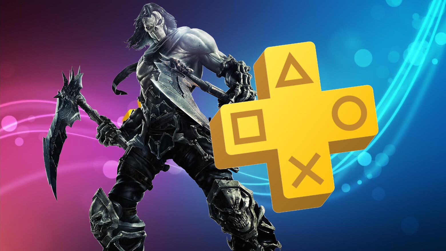 Logo de PS Plus junto a un render del protagonista del videojuego Darksiders