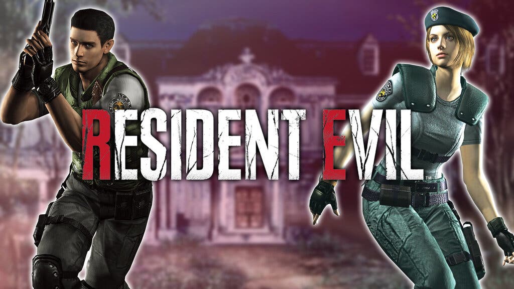 Logo de Resident Evil junto a dos imágenes de Jill Valentine y Chris Redfield con la Mansión Spencer de fondo