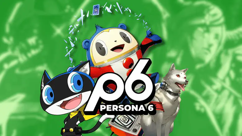 Morgana (Persona 5) Teddy (Persona 4) y Koromaru (Persona 3) junto a un supuesto logo de Persona 6