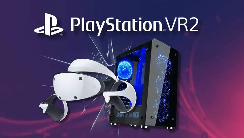 Torre de PC junto al dispsitivo de Sony, el PS VR 2