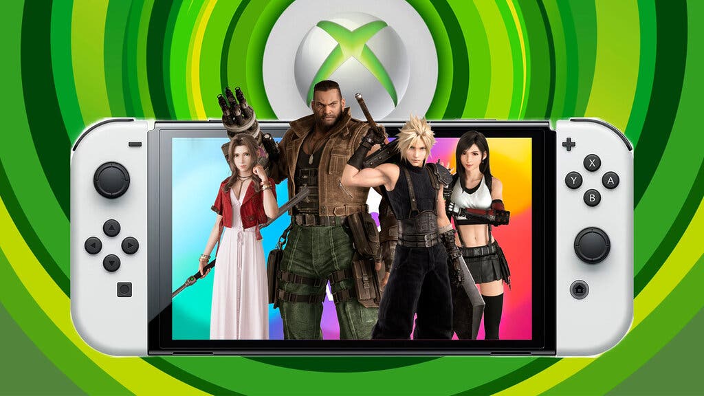 Protagonistas de Final Fantasy VII en una Nintendo Switch con logo de Xbox de fondo
