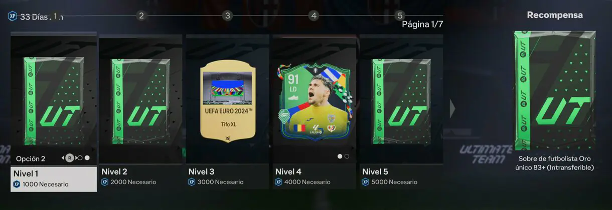 Primeros niveles del pase de temporada 7 de EA Sports FC 24 Ultimate Team mostrando una de las recompensas del nivel 1 (un Sobre de futbolista Oro único 83+)