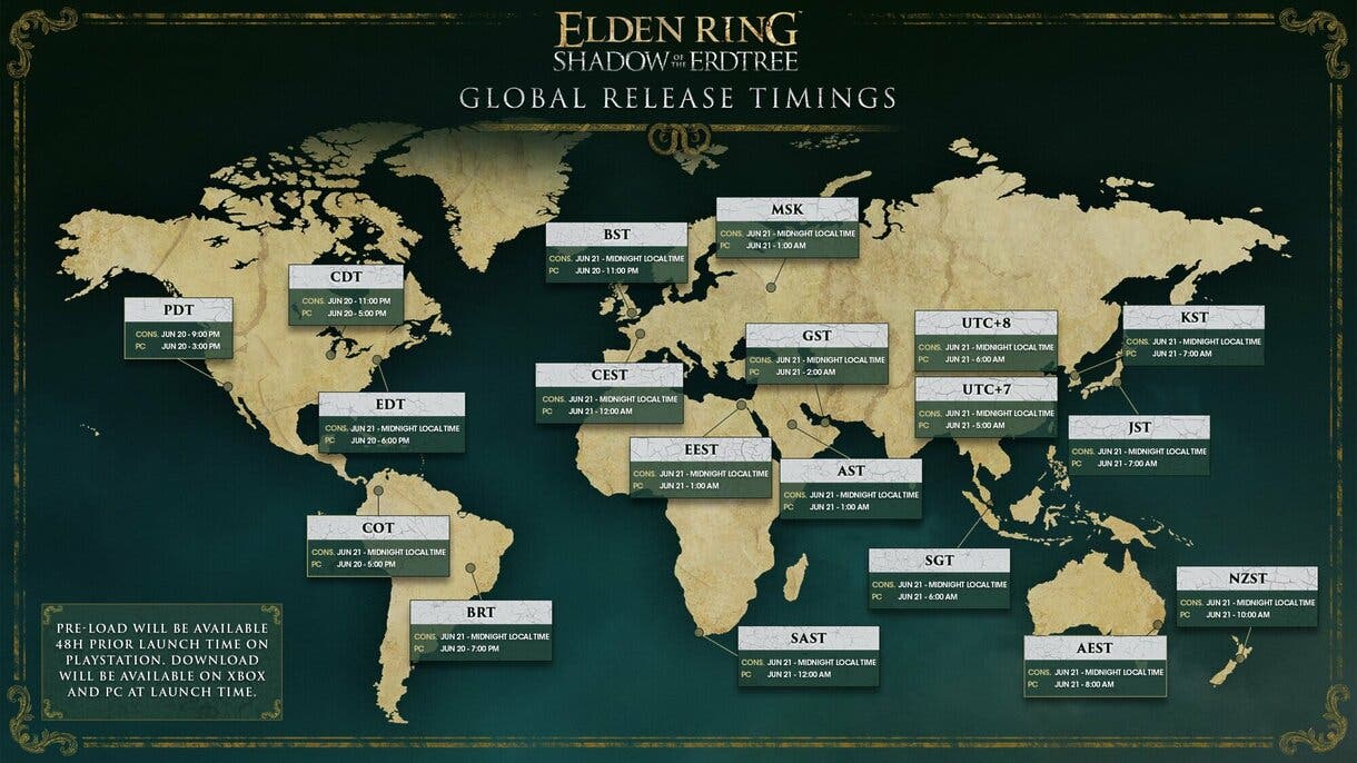Elden Ring presenta el mapa de horarios de lanzamiento de Shadow of the Erdtree