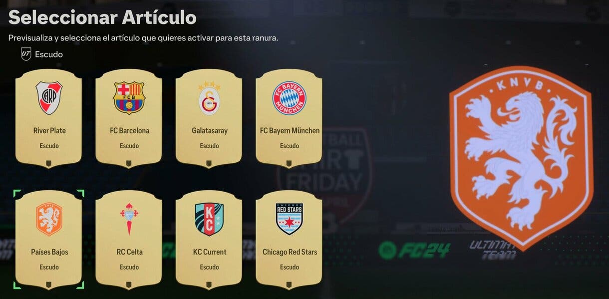 Apartado de elección de escudos de EA Sports FC 24 Ultimate Team mostrando el de Países Bajos