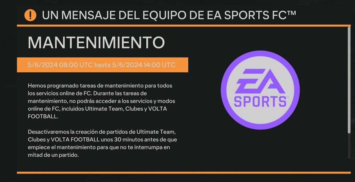 Mensaje sobre el mantenimiento programado para hoy en EA Sports FC 24