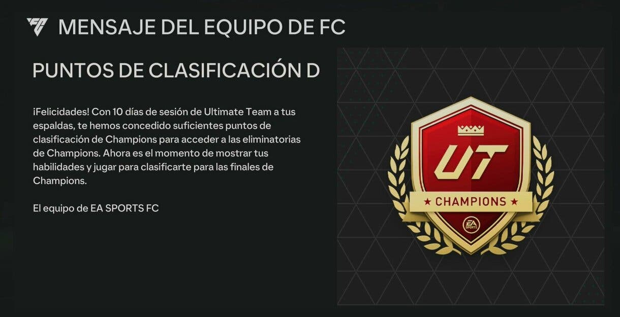 Mensaje del equipo de FC informando sobre regalo de puntos de clasificación de Champions EA Sports FC 24 Ultimate Team