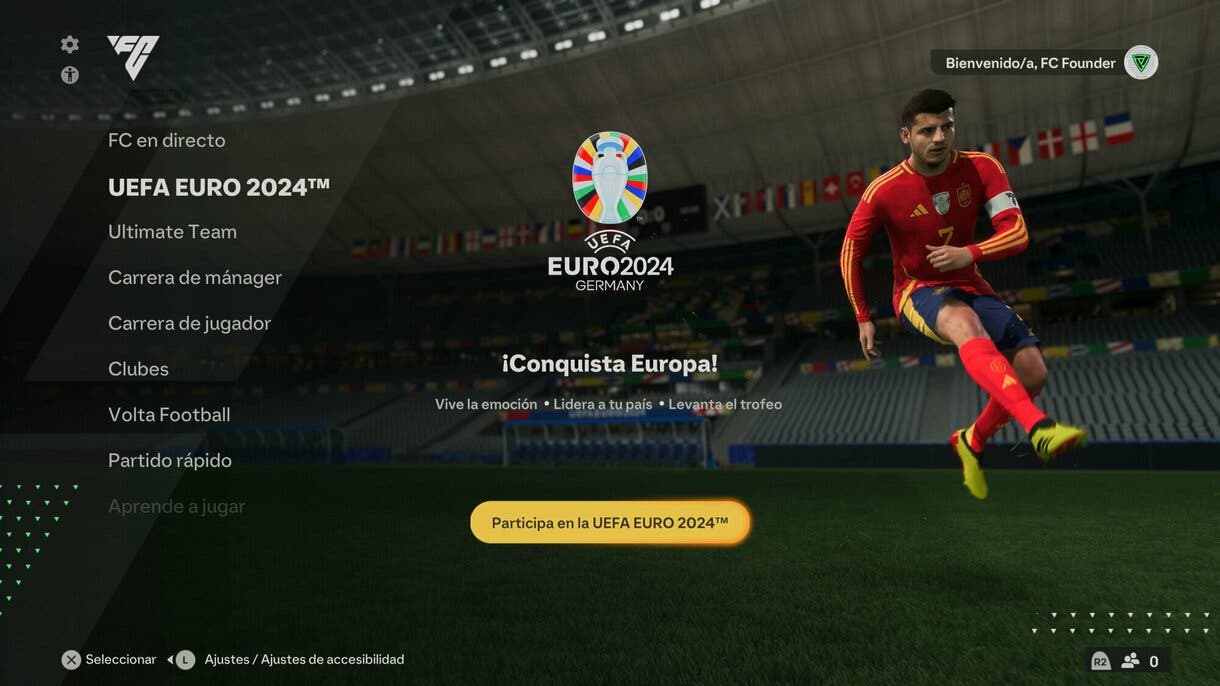 Menú general de EA Sports FC 24 mostrando el acceso al modo UEFA EURO 2024
