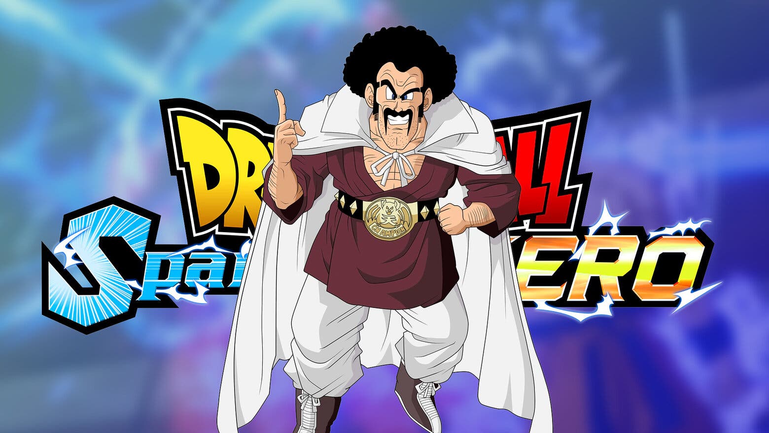 Mr. Satan frente al logo de Dragon Ball Sparking Zero