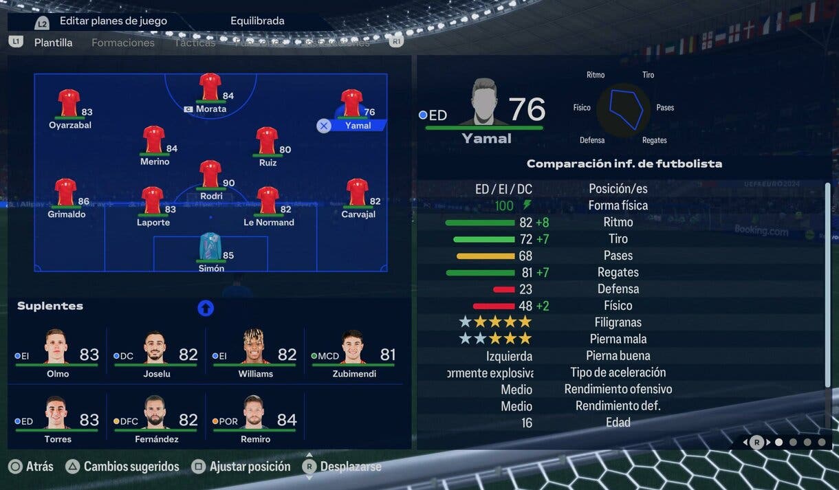 Apartado plantillas en partido rápido mostrando la información de Yamal EA Sports FC 24 Ultimate Team