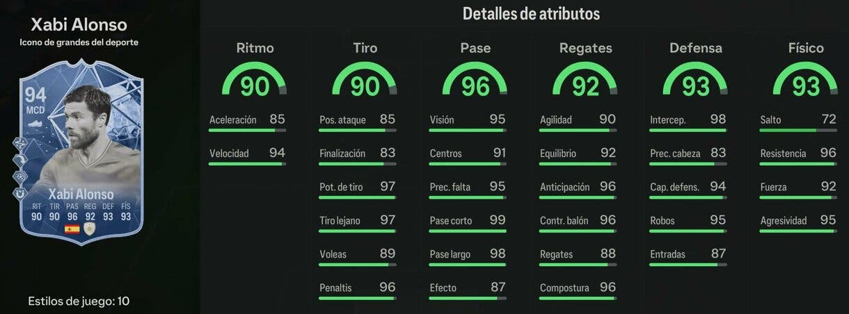 Stats in game Xabi Alonso Icono Greats of the Game EA Sports FC 24 Ultimate Team