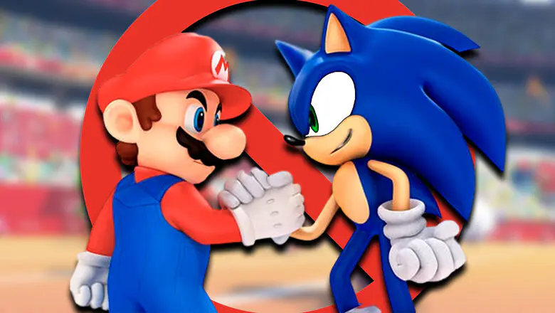 Mario y Sonic dándose la mano con un símbolo de prohibido detrás