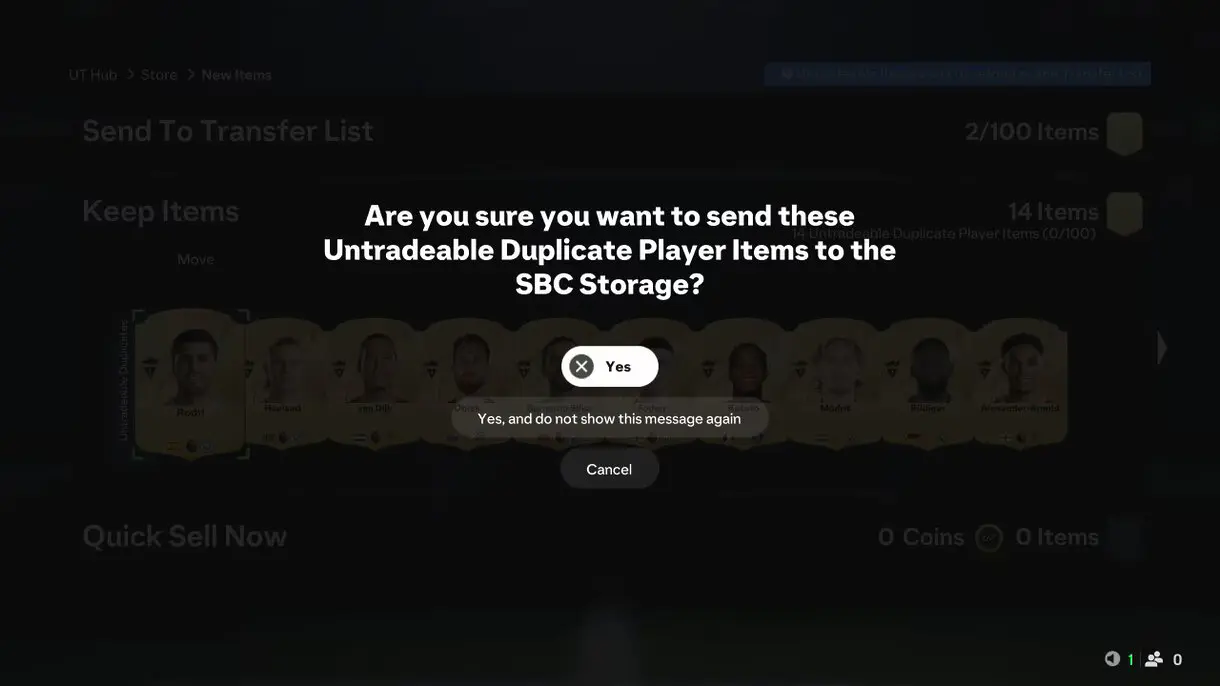Imagen de ejemplo mandando los repetidos intransferibles al baúl de duplicados EA Sports FC 25