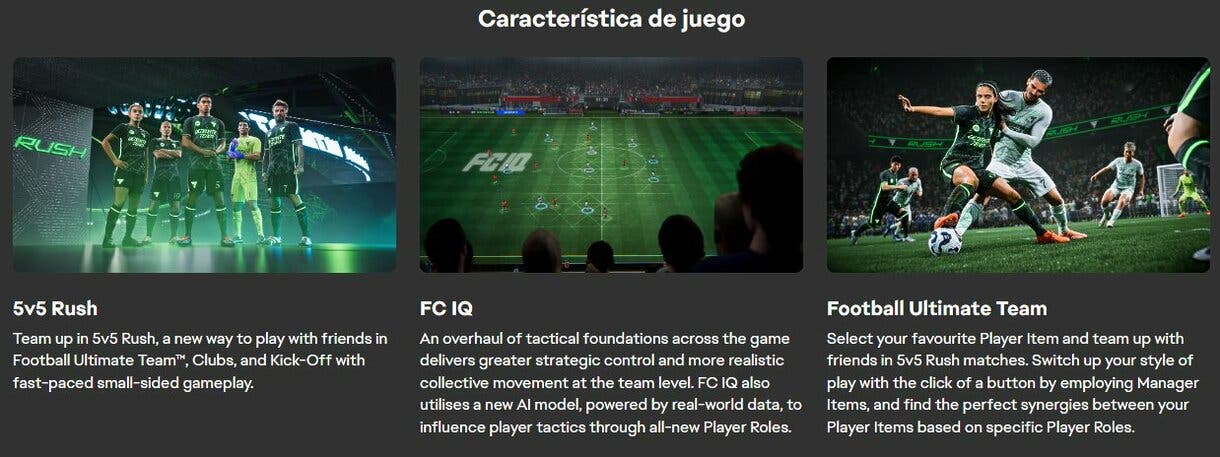 Captura de parte del apartado de Caracterísitca de juego dentro de la web oficial de EA Sports FC 25, mostrando la información sobre FC IQ