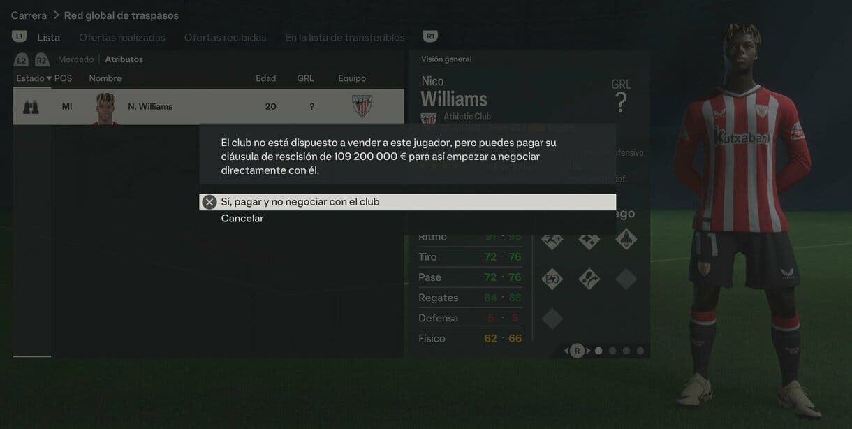 Apartado de traspasos modo Carrera de mánager de EA Sports FC 24 mostrando el aviso de que el Athletic de Bilbao no quiere negociar por Nico Williams