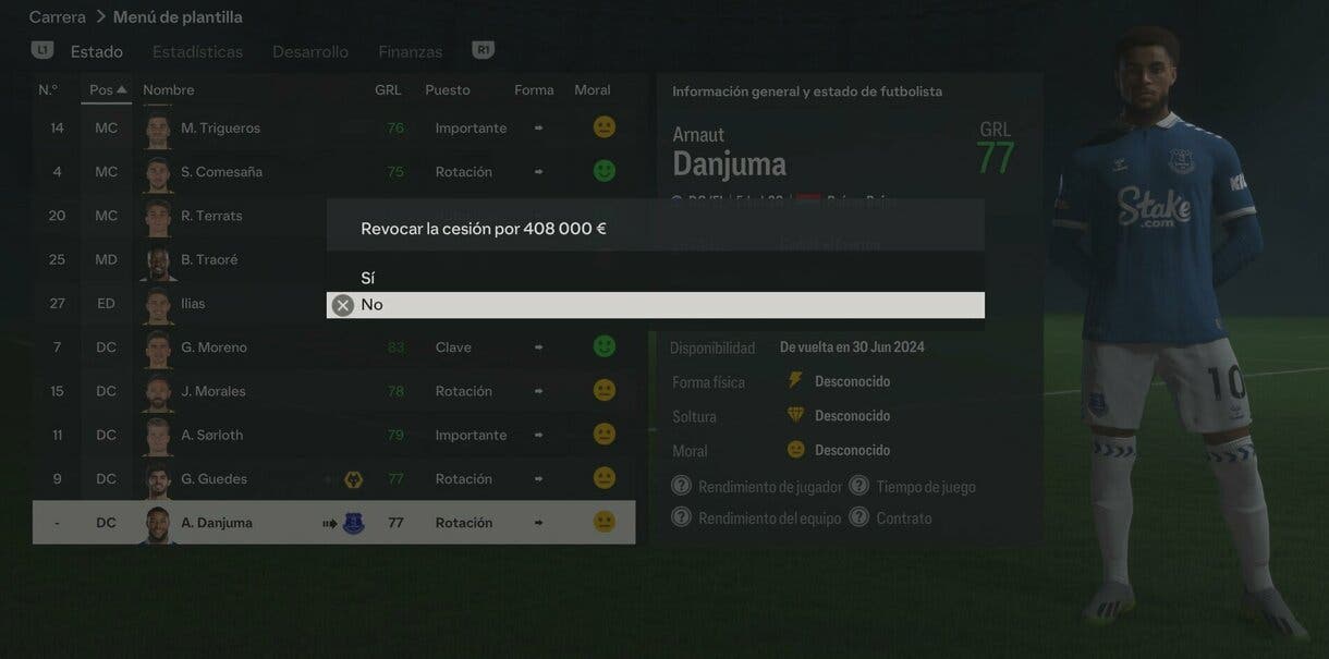 Menú de plantilla del Villarreal mostrando lo que costaría recuperar a Danjuma de su cesión modo Carrera de mánager EA Sports FC 24