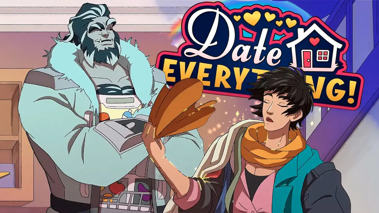 Personajes de Date Everything con el logo del juego