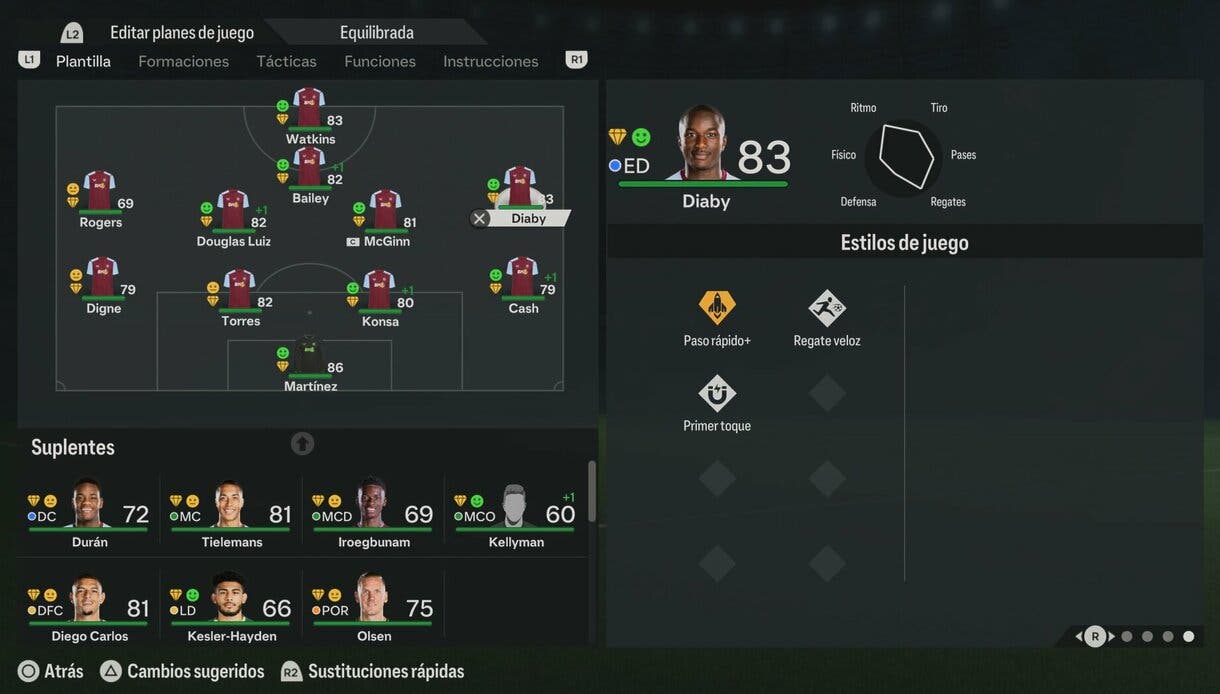 Plan de juego Aston Villa modo Carrera de mánager EA Sports FC 24 mostrando los PlayStyles de Diaby