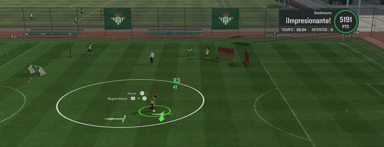 Realización ejercicio Laberinto de regates, mostrando la doble puntuación por realizar el regate lateral en el modo Carrera de mánager EA Sports FC 24