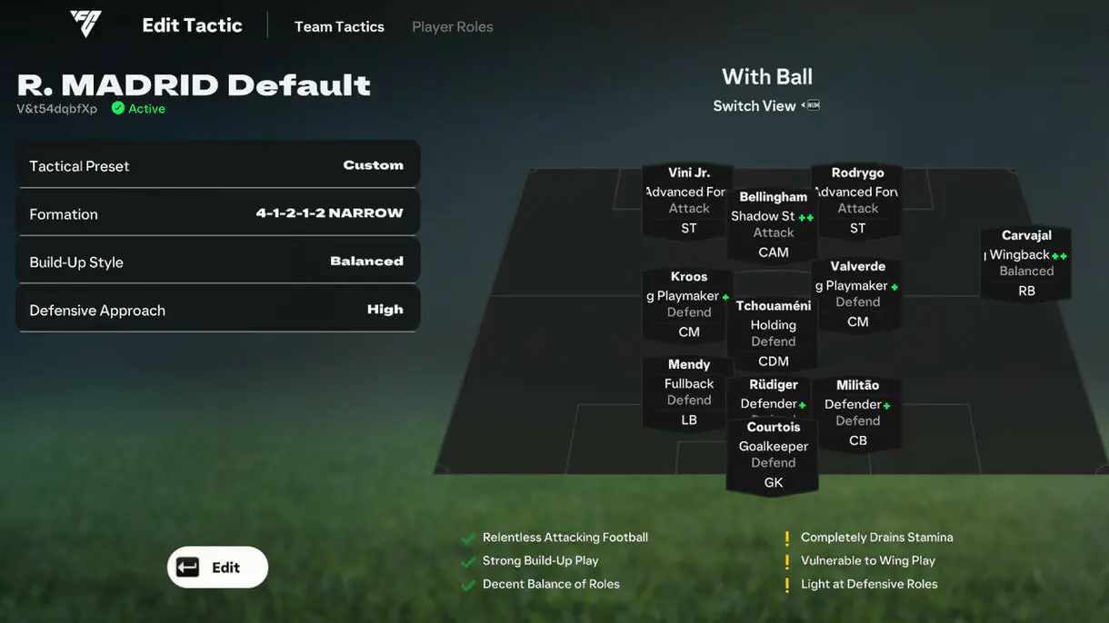 Ejemplo sistema táctico con balón del Real Madrid en EA Sports FC 25
