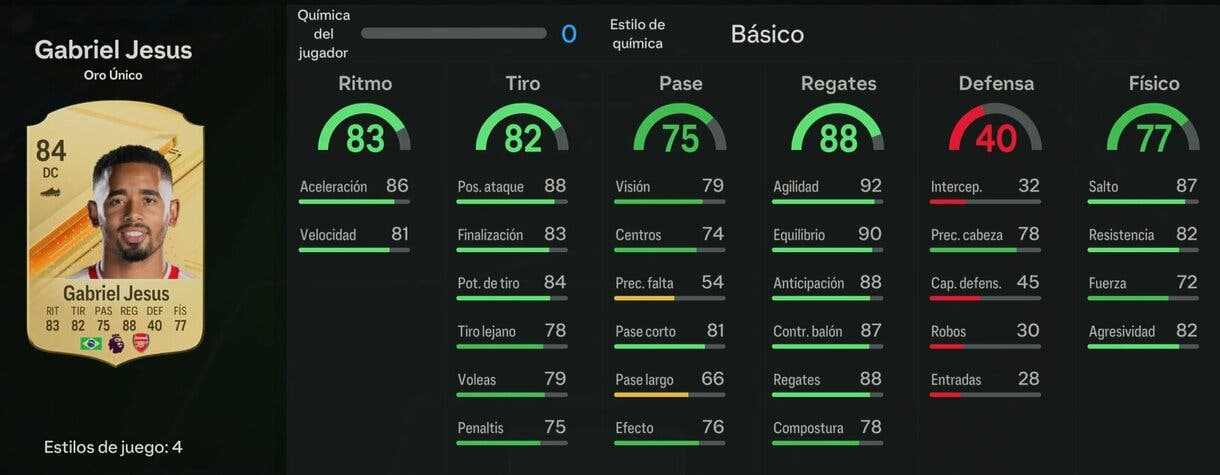 Stats in game Gabriel Jesús oro EA Sports FC 24 Ultimate Team