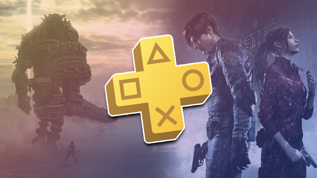 Logo de PS Plus con un fondo compuesto por imágenes de Resident Evil 2 Remake y Shadow of the Colossus Remake