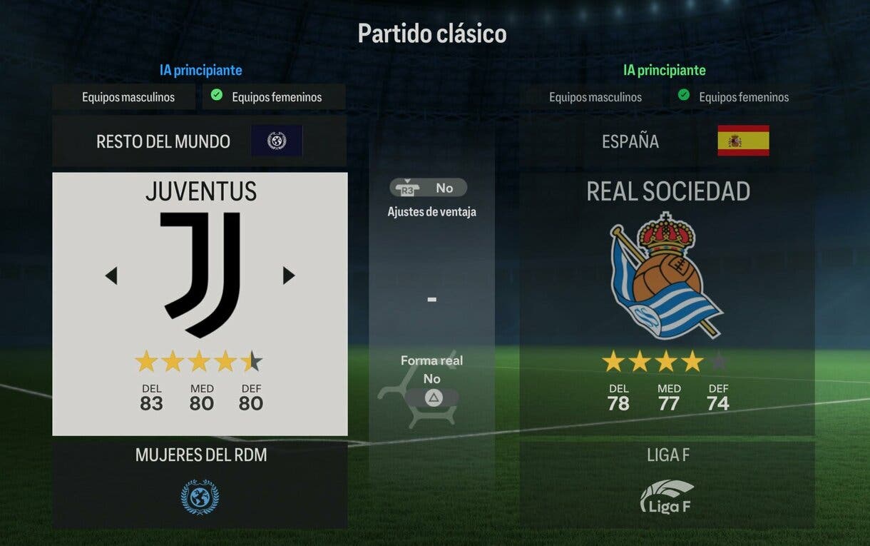 Menú partido clásico mostrando los clubes de los equipos femenino de Juventus de Turín y Real Sociedad EA Sports FC 24