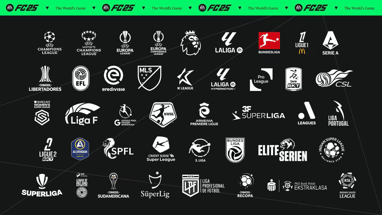 Mosaico con los logos de las ligas y competiciones confirmadas para EA Sports FC 25