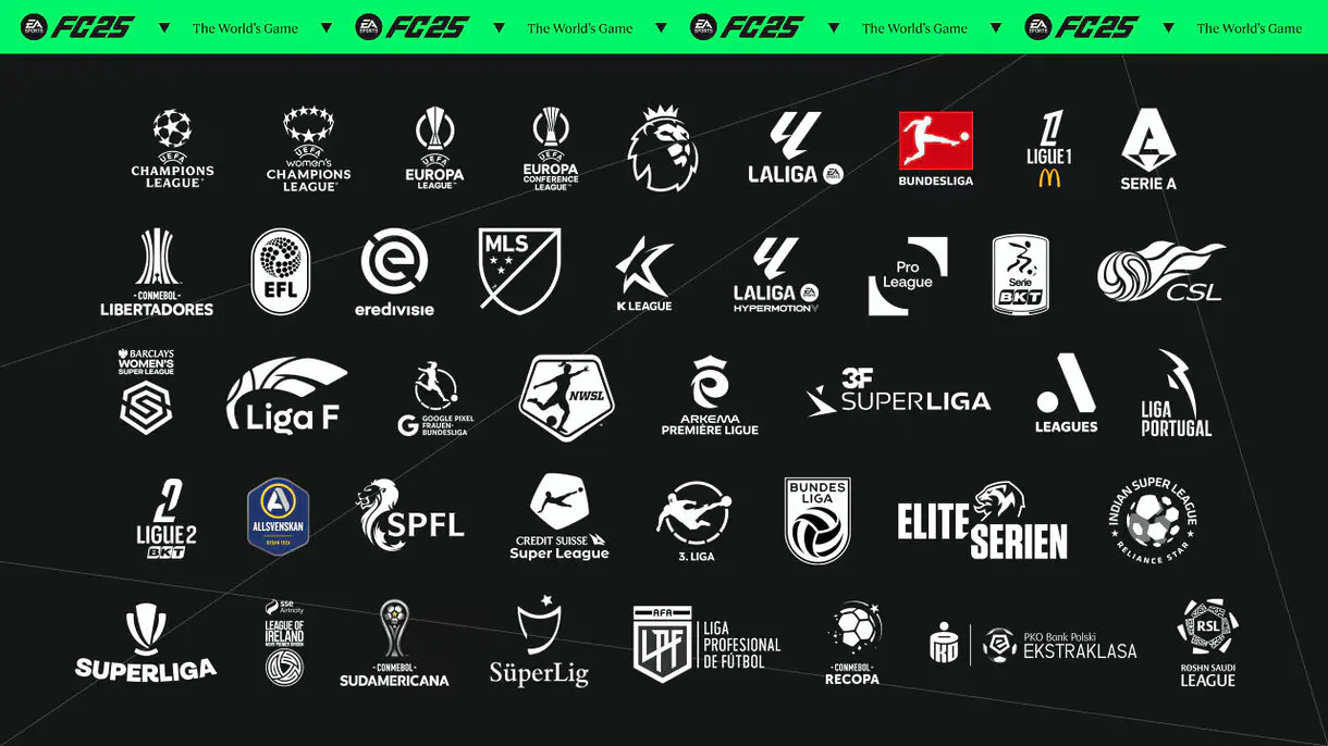 Mosaico con los logos de las ligas y competiciones confirmadas para EA Sports FC 25