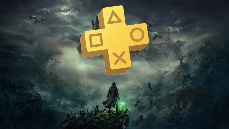 Arte oficial de Hogwarts Legacy con el logo de PS Plus