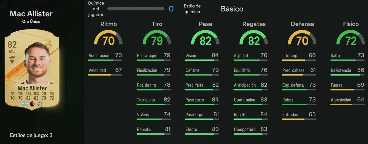 Stats in game Mac Allister oro EA Sports FC 24 Ultimate Team