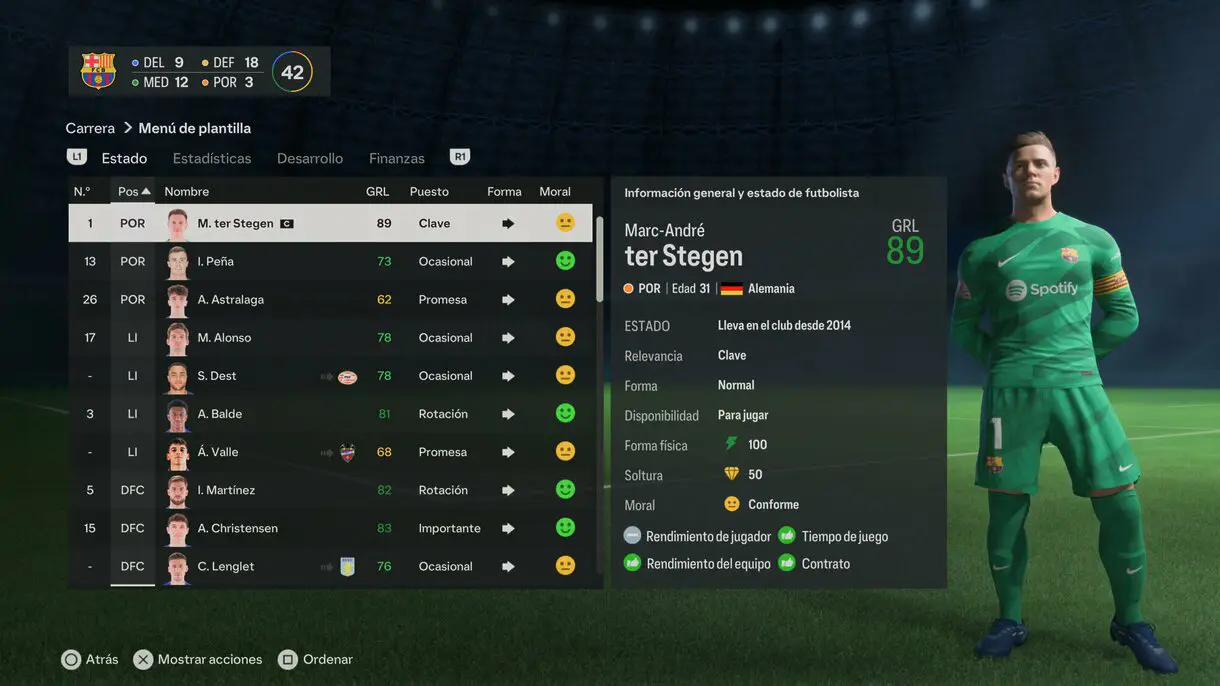 Menú de plantilla del Barcelona en un modo Carrera de mánager EA Sports FC 24