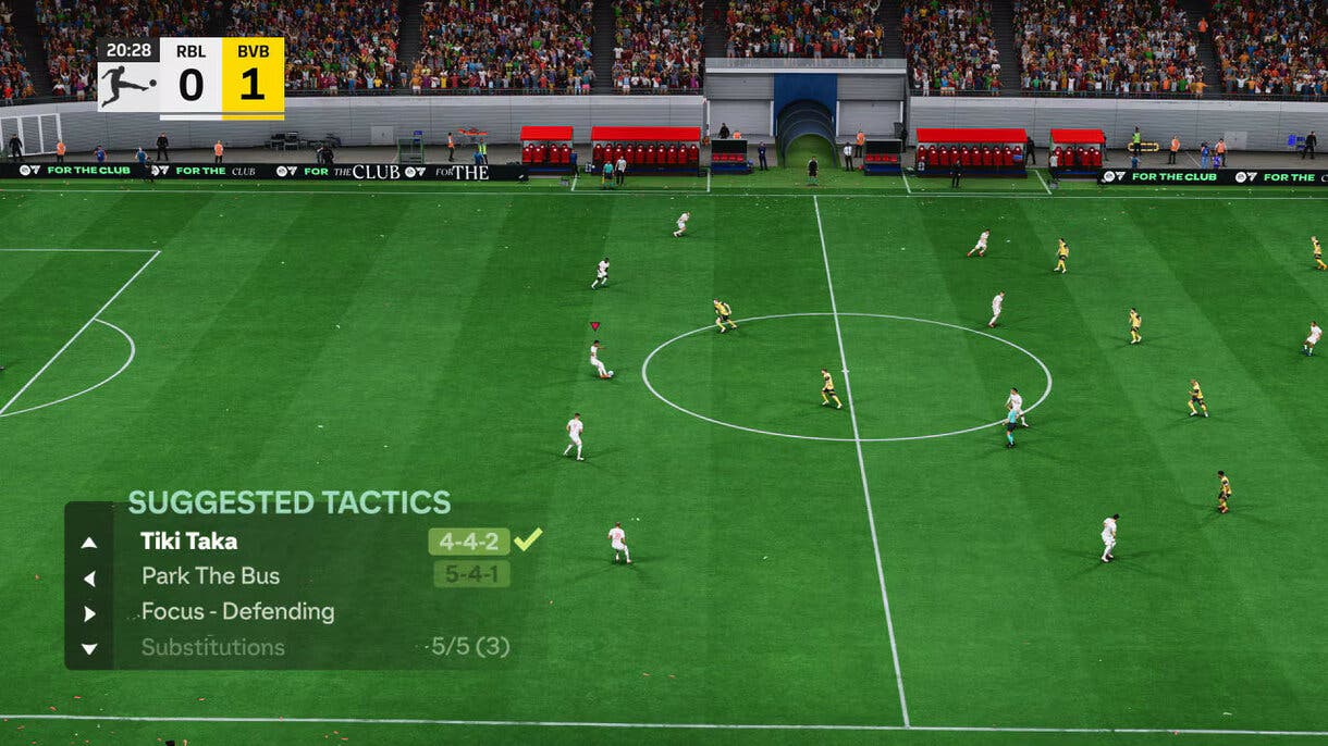 Partido de EA Sports FC 25 con el menú de tácticas sugeridas abierto (incluye un apartado de sustituciones)