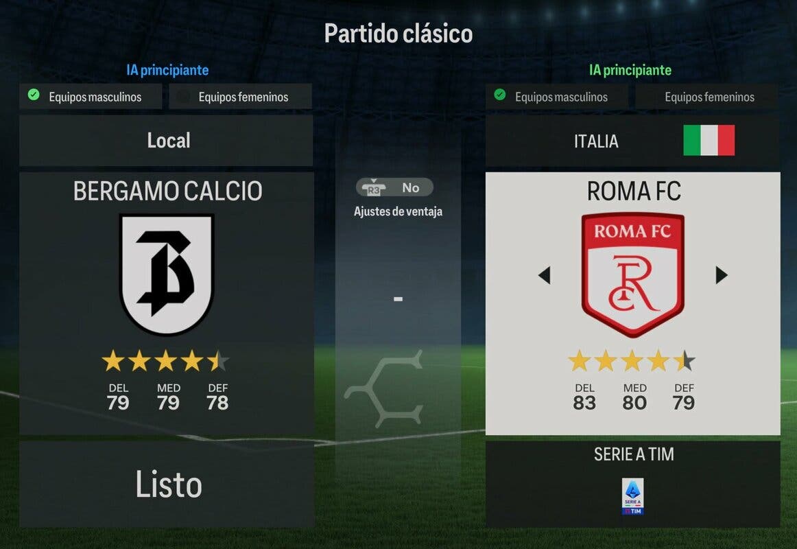 Menú partido clásico mostrando los escudos de Bergamo Calcio y Roma FC EA Sports FC 24