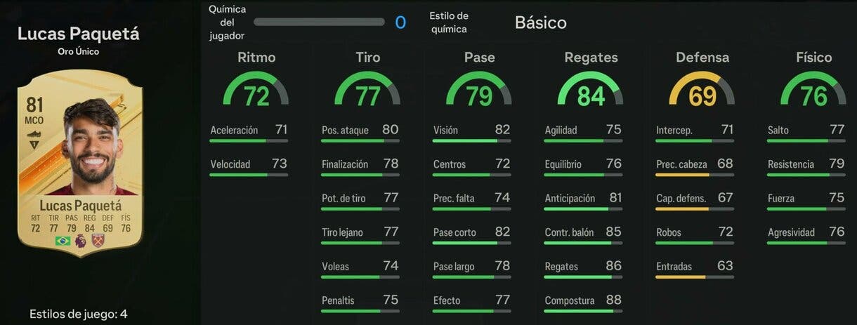 Stats in game Paquetá oro EA Sports FC 24 Ultimate Team
