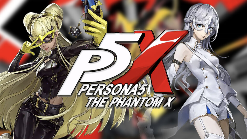 Logo de Persona 5 The Phantom X en el centro junto a dos personajes femeninos del juego a ambos lados