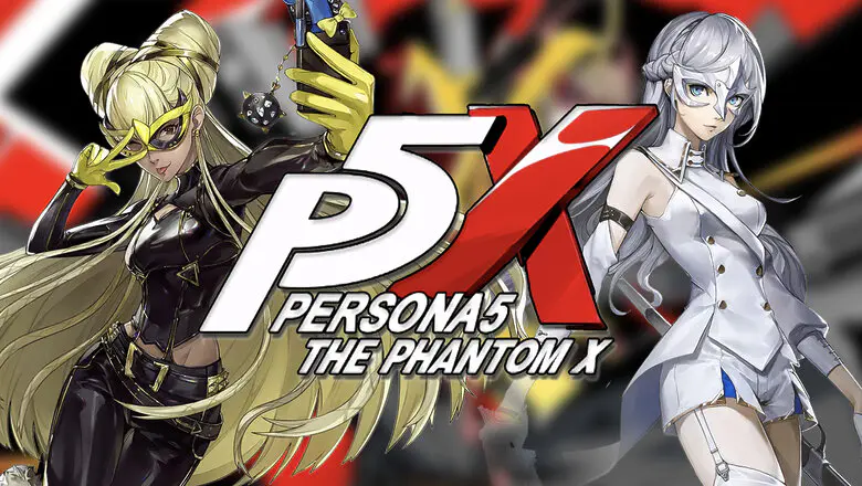 Logo de Persona 5 The Phantom X en el centro junto a dos personajes femeninos del juego a ambos lados