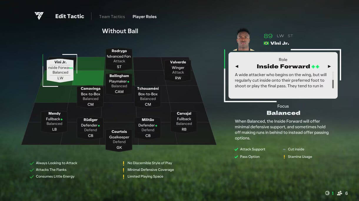 Ejemplo sistema táctico EA Sports FC 25 mostrando el player role de Vinícius