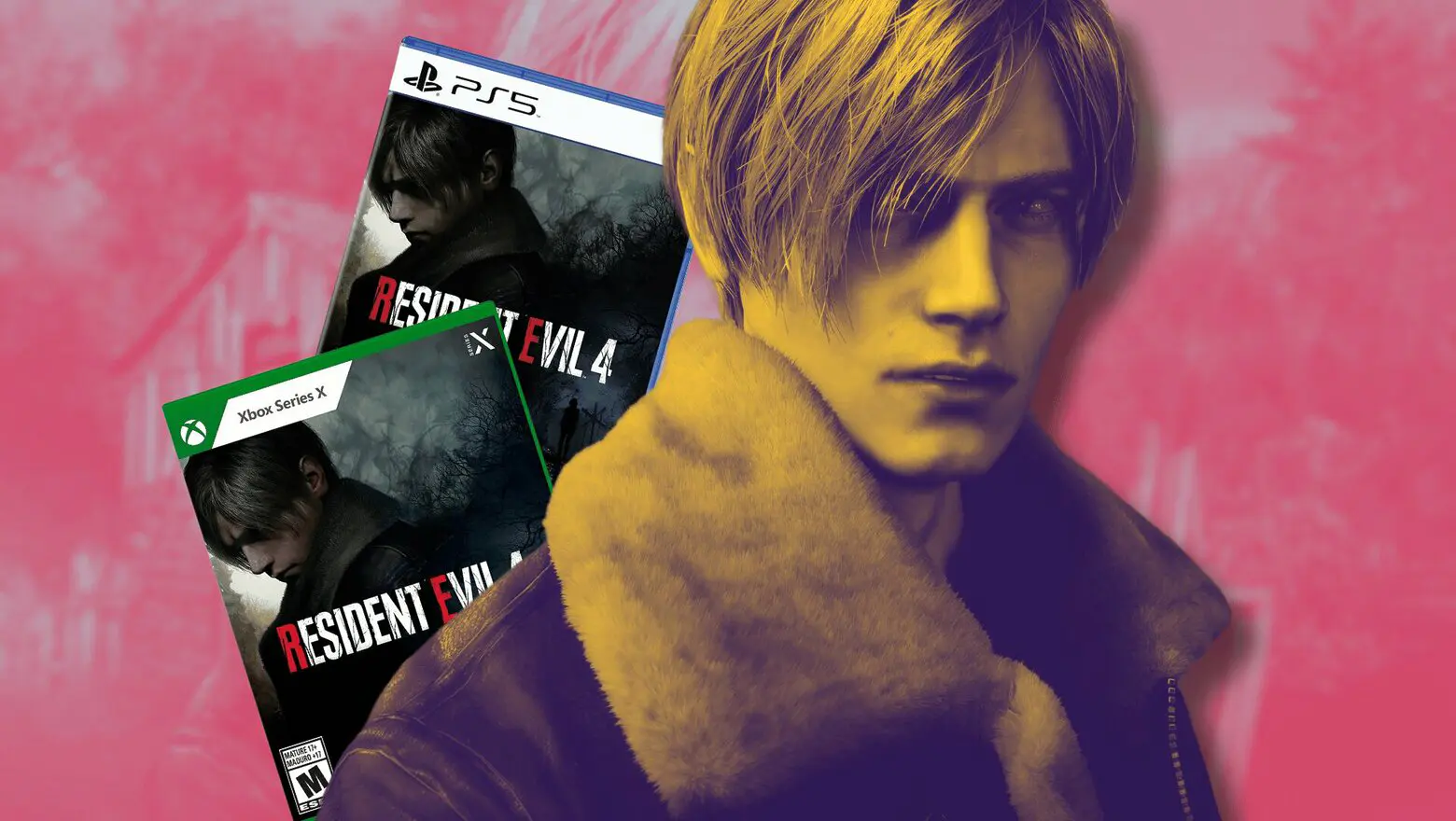 Leon Scott Kennedy junto a las ediciones físicas de Resident Evil 4 Remake.