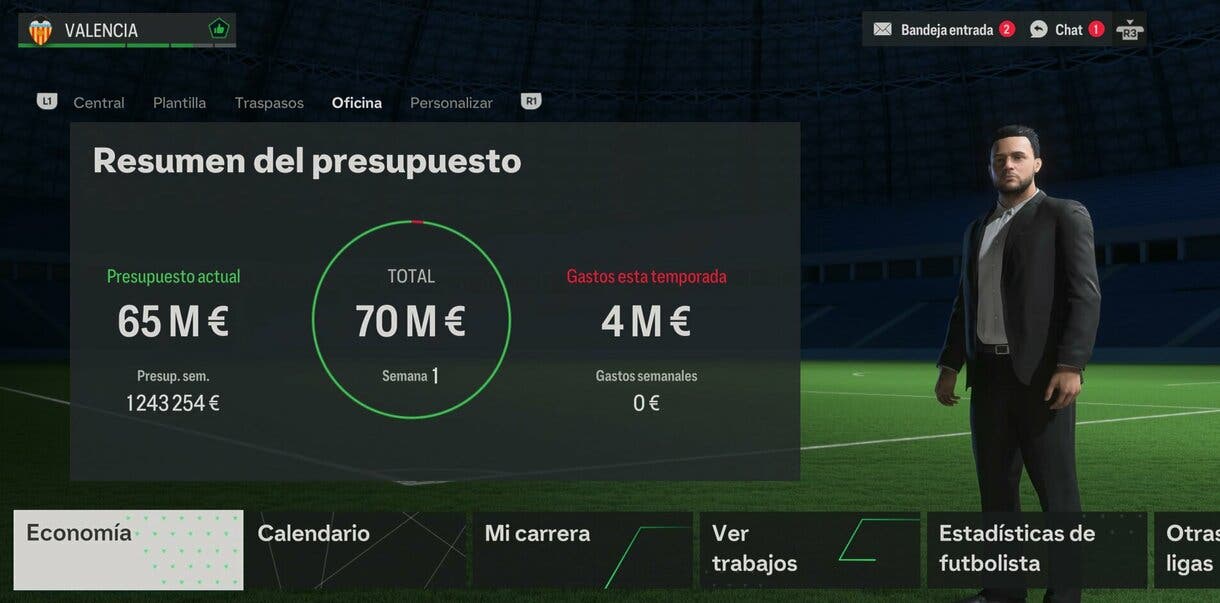 Apartado Economía dentro de Oficina, mostrando el presupuesto inicial del Valencia para el modo Carrera de mánager EA Sports FC 24