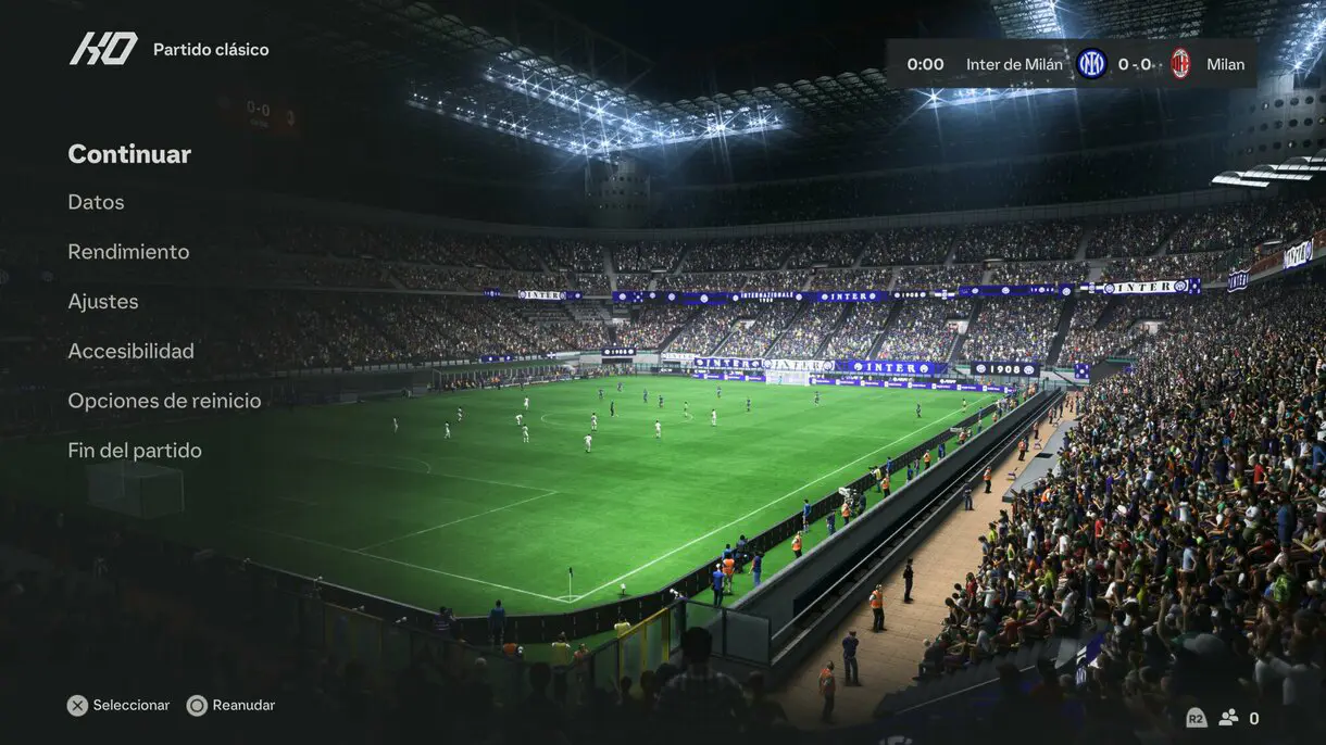 Menú de pausa de partido clásico EA Sports FC 24 mostrando San Siro de fondo