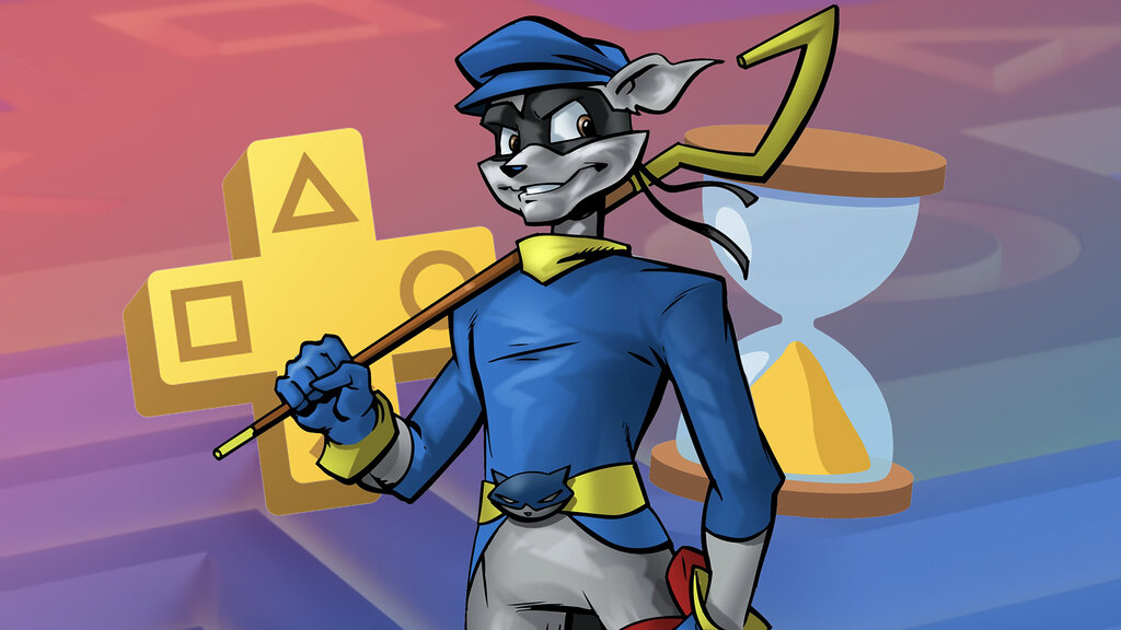 Render de Sly Cooper junto a un emoji de reloj de arena y el logotipo de PS Plus