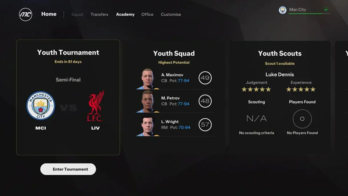 Ejemplo menú de cantera del modo Carrera de mánager de EA Sports FC 25 con la opción de jugar un partido de Rush
