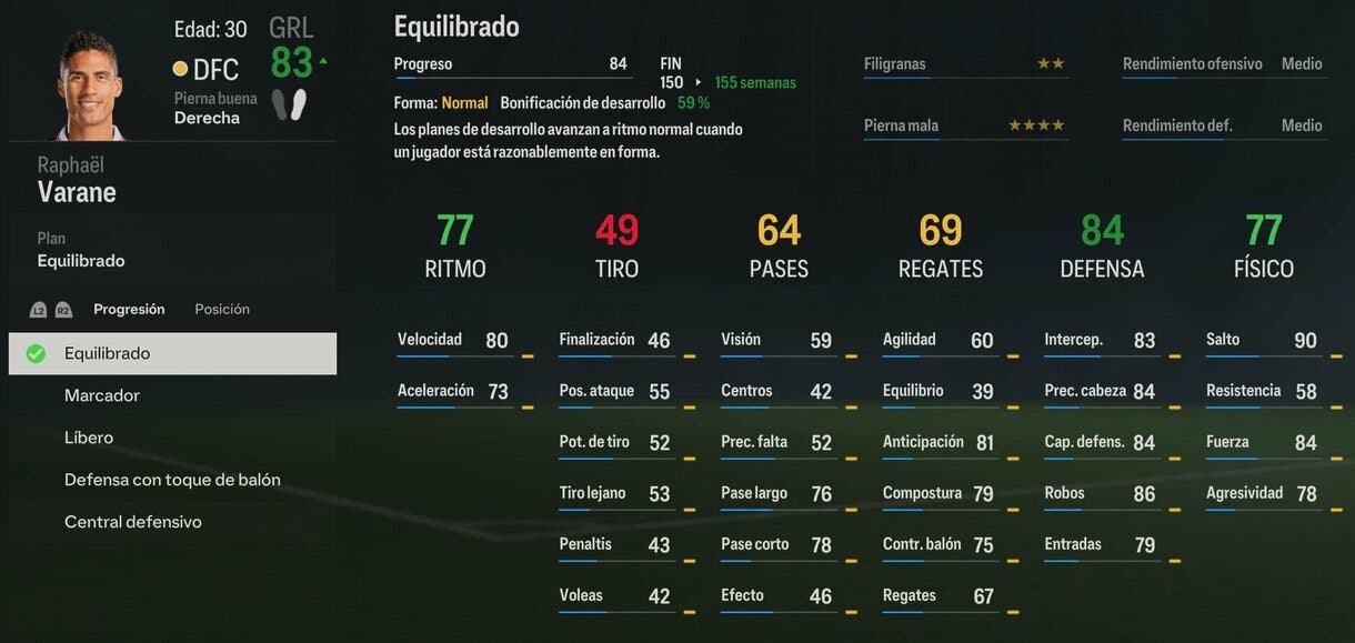 Stats in game Varane EA Sports FC 24 modo Carrera de mánager