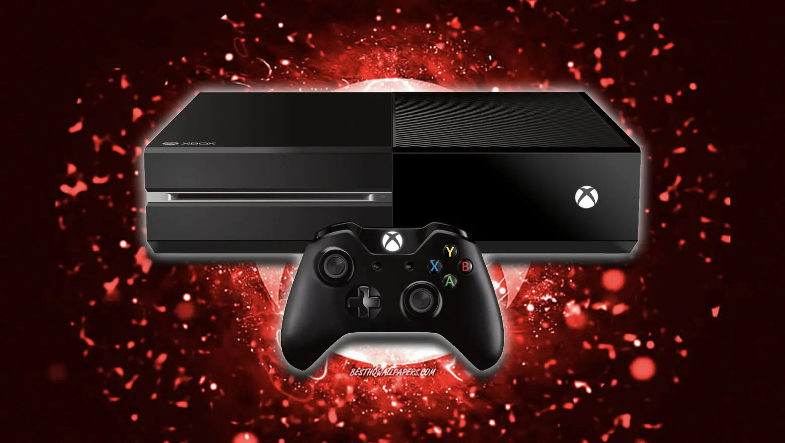 Xbox One con un fondo abstracto rojo oscuro